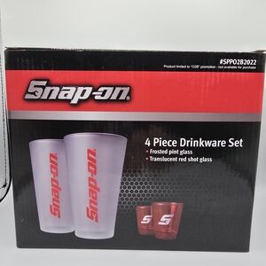Snap-on 4 Pc Drinkware Set Frosted 16 oz 2 Pint Glasses & 2 Red Shot Glasses NIB